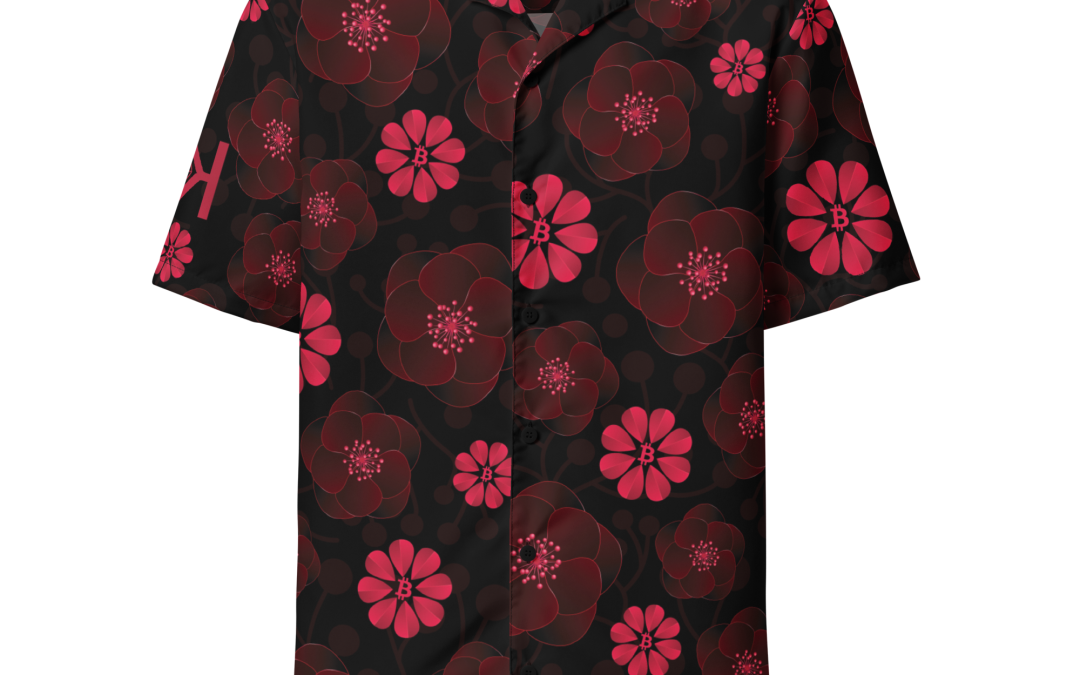Hawaiian style bitcoin themed button-up shirt